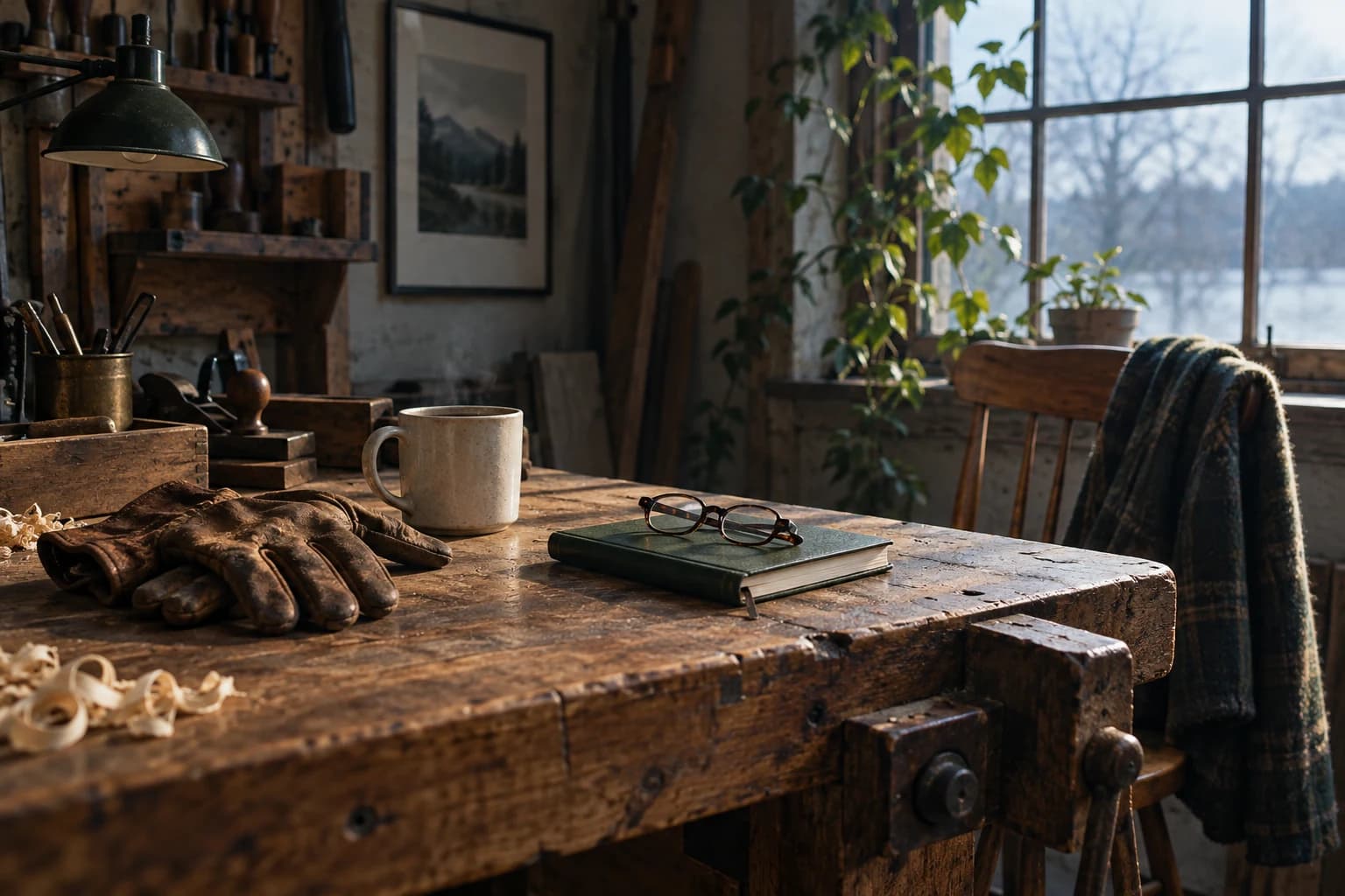 A worn wooden workbench with gloves, coffee, and a closed notebook in soft morning light
